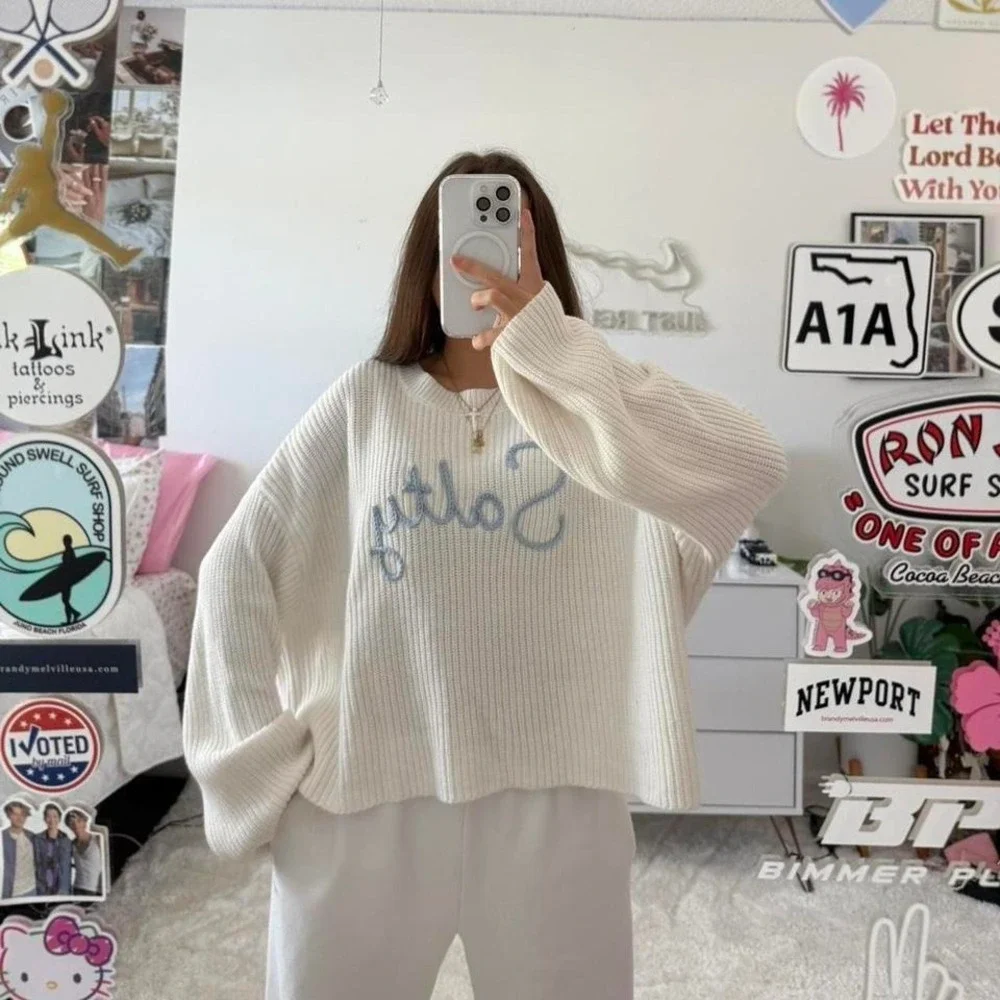 cream and sky blue knitted beachy sweater 